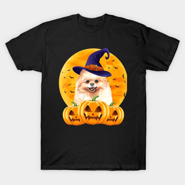 Pomeranian Dog Witch Hat Halloween Costume Funny Pumpkin T-Shirt by SabraAstanova